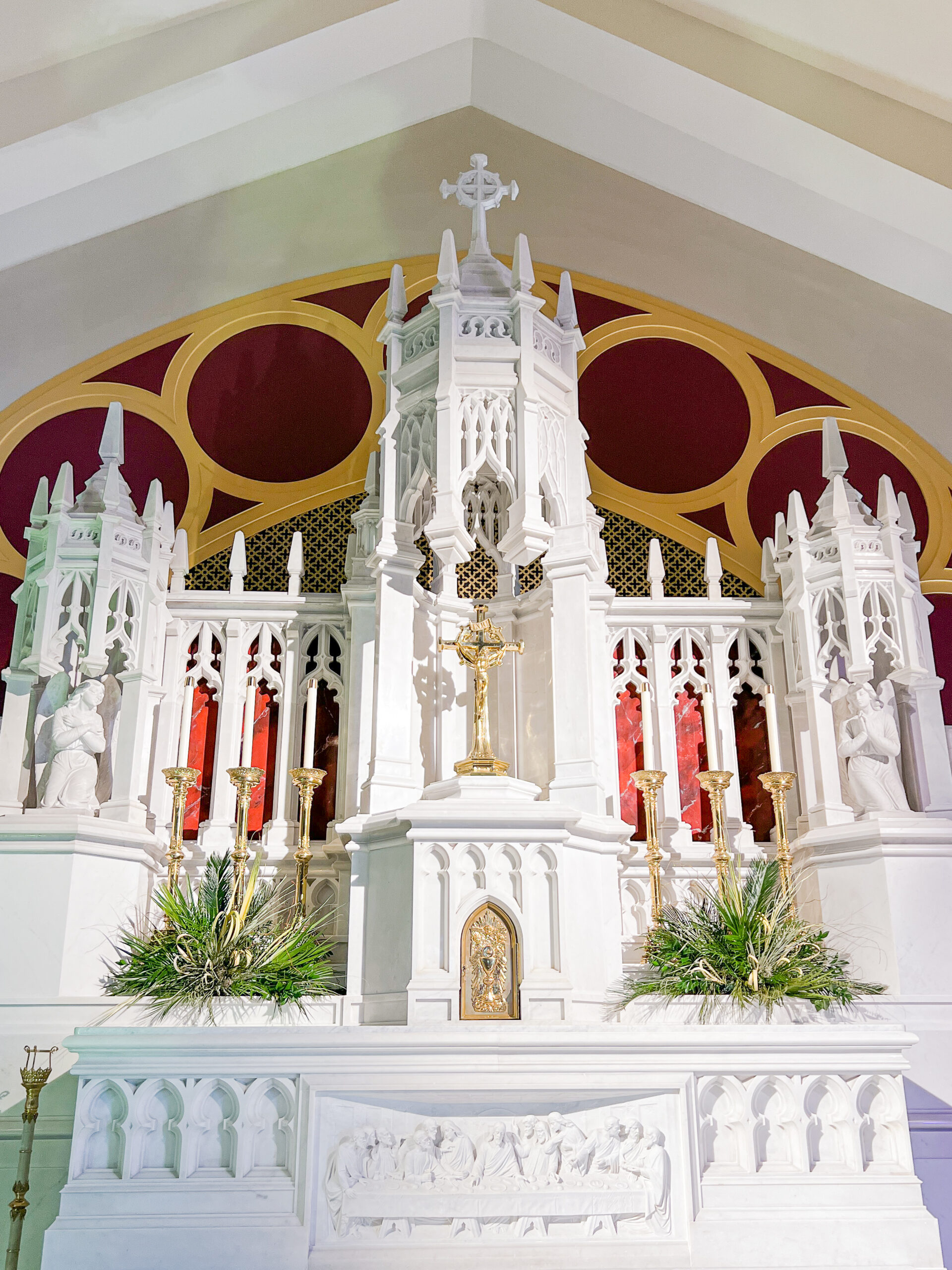 Inside Of A Church With A White Design Structure.